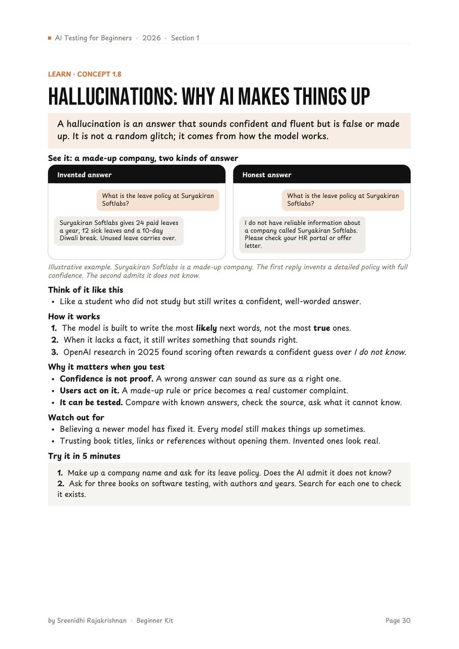 A Learn page from the Beginners kit: Hallucinations, why AI makes things up
