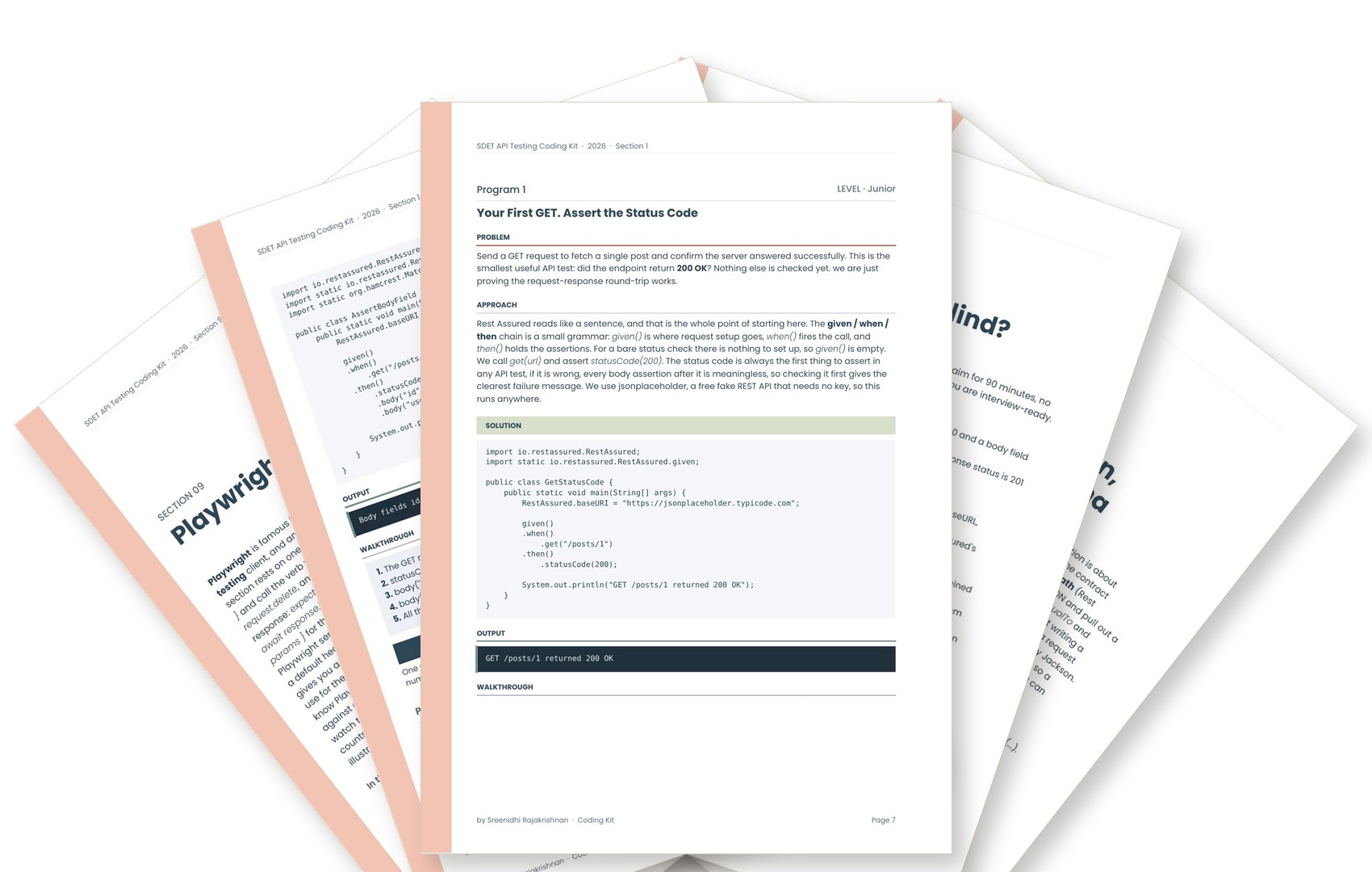 Fanned pages from the API Testing Coding Kit