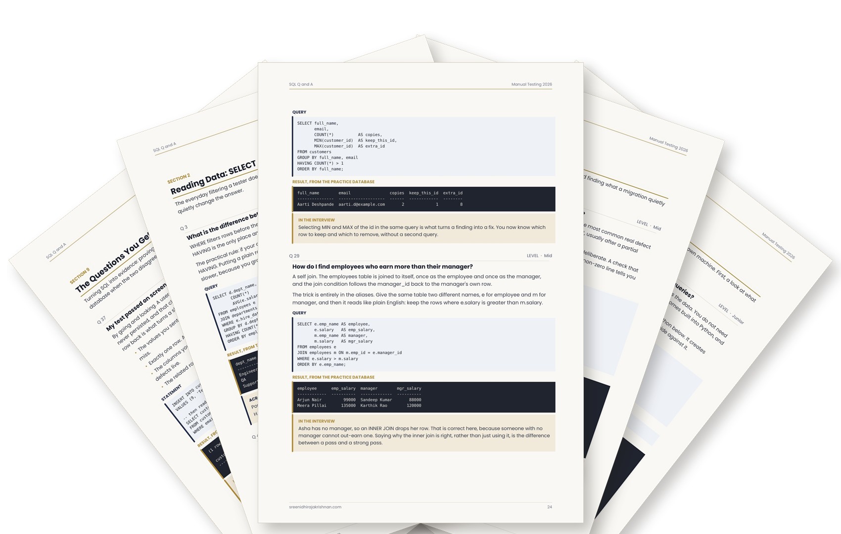 Fanned pages from the SQL Q&A kit for manual testers