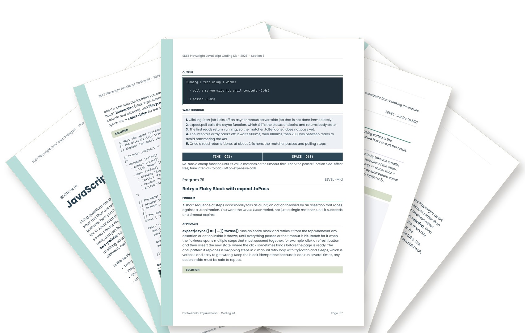 Fanned pages from the Playwright JavaScript Coding Kit