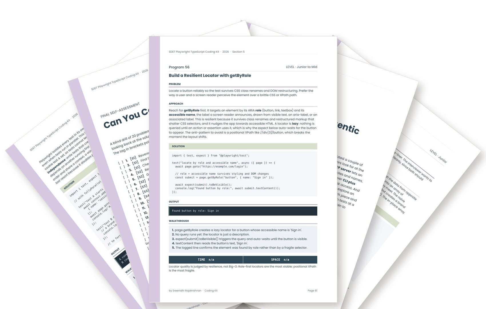 Fanned pages from the Playwright TypeScript Coding Kit